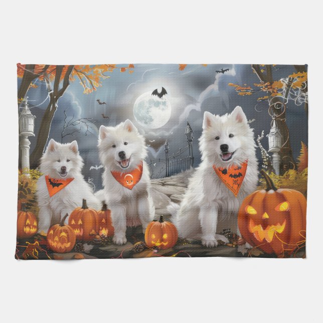 Samoyed Halloween Spooky Tea Towel (Horizontal)