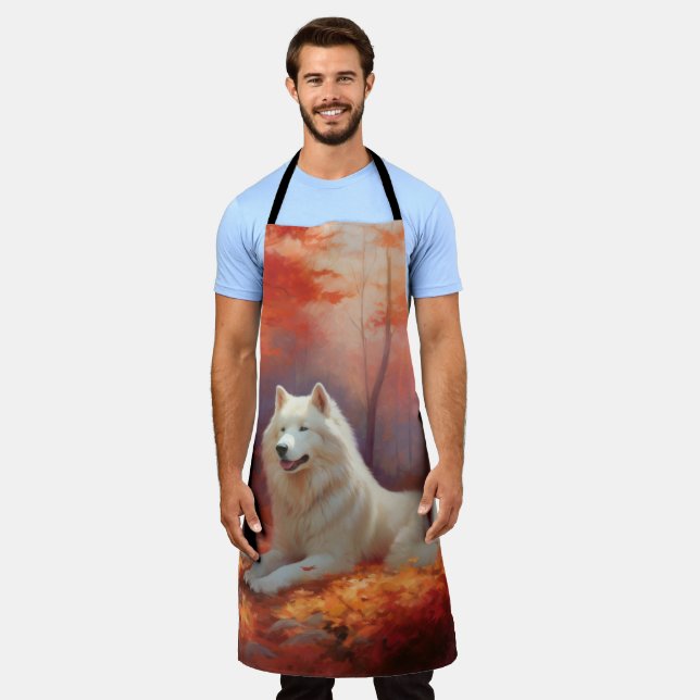 Samoyed in Autumn Leaves Fall Inspire  Apron (Worn)