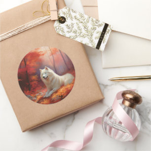 Samoyed in Autumn Leaves Fall Inspire  Classic Round Sticker