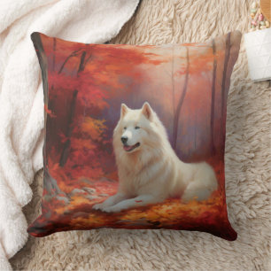Samoyed in Autumn Leaves Fall Inspire  Cushion