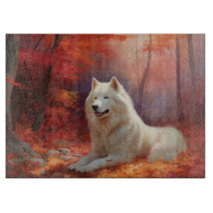 Samoyed in Autumn Leaves Fall Inspire Cutting Board