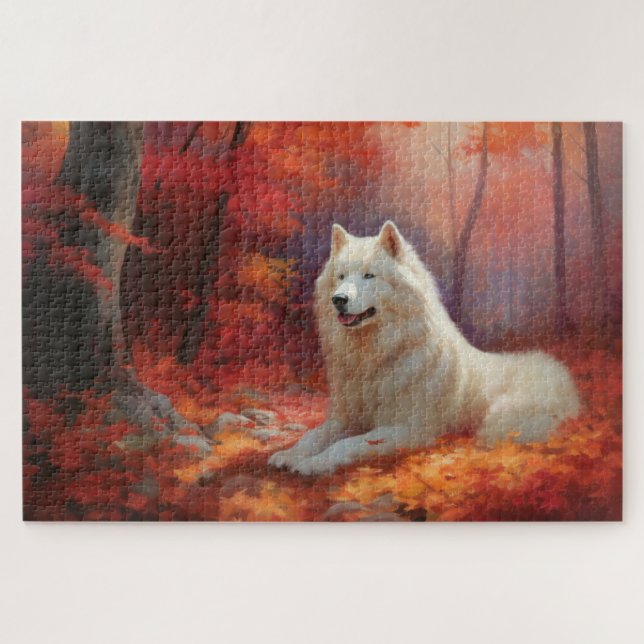 Samoyed in Autumn Leaves Fall Inspire  Jigsaw Puzzle (Horizontal)