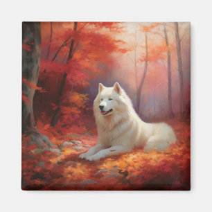 Samoyed in Autumn Leaves Fall Inspire  Magnet