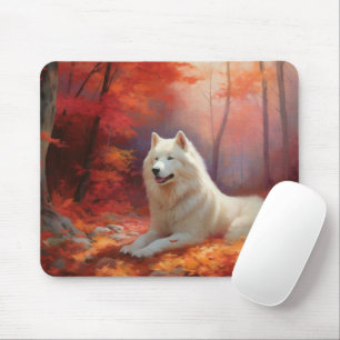 Samoyed in Autumn Leaves Fall Inspire  Mouse Mat