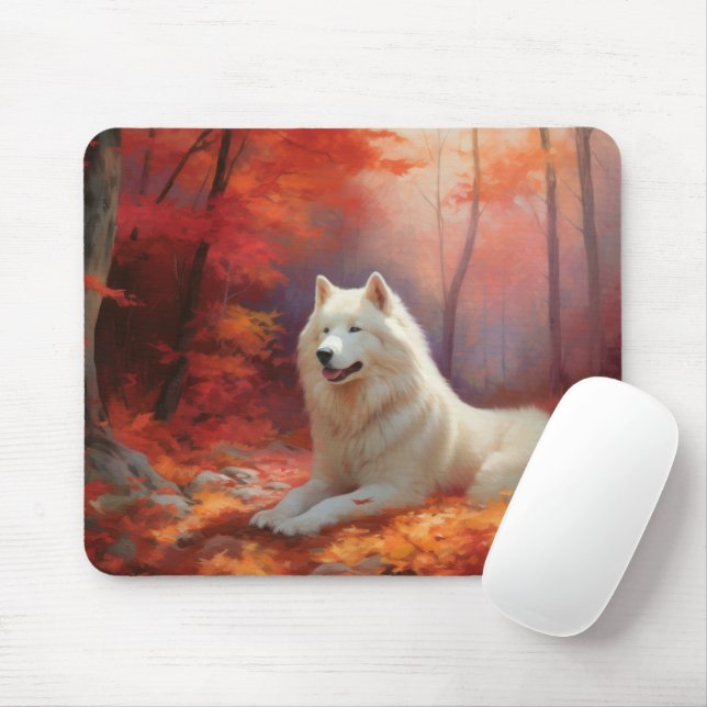 Samoyed in Autumn Leaves Fall Inspire  Mouse Mat (With Mouse)