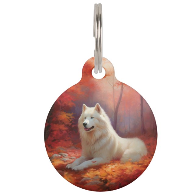 Samoyed in Autumn Leaves Fall Inspire  Pet Tag (Front)