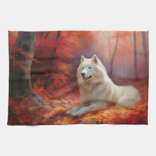 Samoyed in Autumn Leaves Fall Inspire Tea Towel