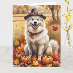 Samoyed In Autumn Leaves Thanksgiving Art Card