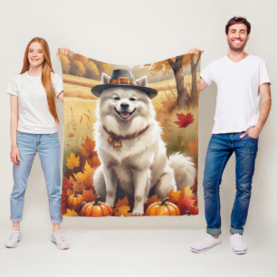 Samoyed In Autumn Leaves Thanksgiving Art Fleece Blanket