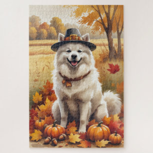 Samoyed In Autumn Leaves Thanksgiving Art Jigsaw Puzzle