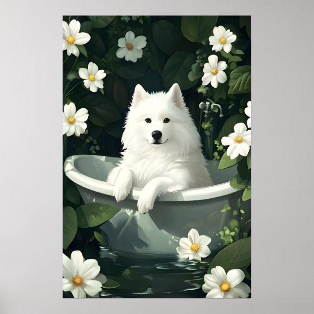 Samoyed In Bathtub Poster, Funny Dog Poster (Front)