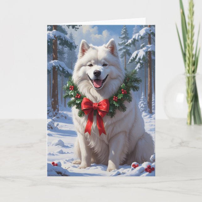 Samoyed in Snow with Holiday Wreath Winter Art Card (Front)