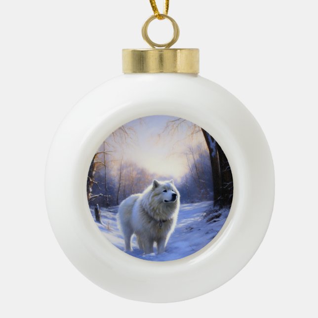 Samoyed Let It Snow Christmas Ceramic Ball Christmas Ornament (Front)