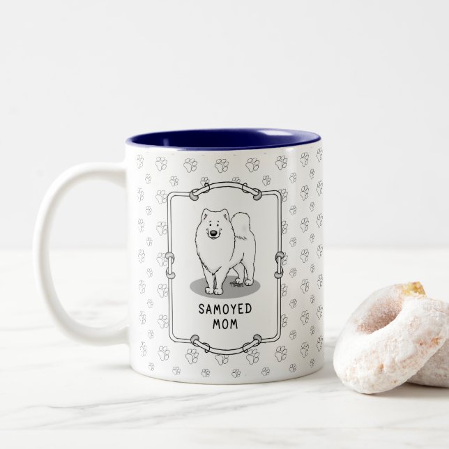 Samoyed Mum (white) Cute Fun Dog Mum Two-Tone Coffee Mug (With Donut)