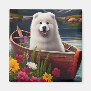Samoyed on a Paddle: A Scenic Adventure Magnet