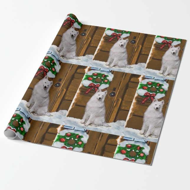 Samoyed on Porch Christmas Wrapping Paper (Unrolled)