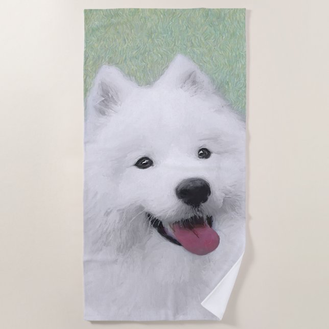 Samoyed Painting - Cute Original Dog Art Beach Towel (Front)