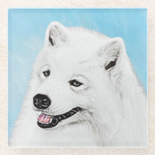 Samoyed Painting - Cute Original Dog Art Glass Coaster