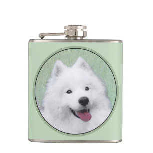 Samoyed Painting - Cute Original Dog Art Hip Flask