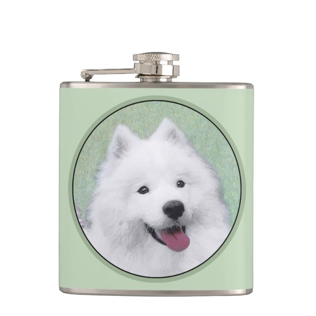 Samoyed Painting - Cute Original Dog Art Hip Flask (Front)