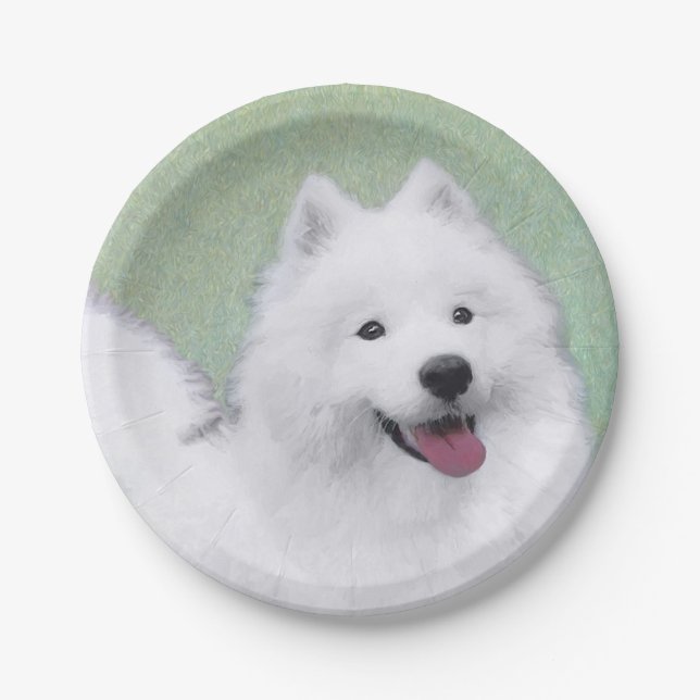 Samoyed Painting - Cute Original Dog Art Paper Plate (Front)