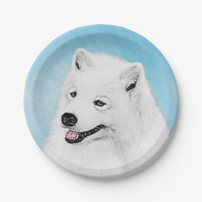 Samoyed Painting - Cute Original Dog Art Paper Plate (Front)