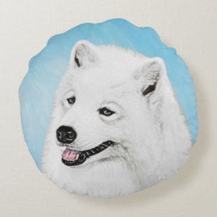 Samoyed Painting - Cute Original Dog Art Round Cushion