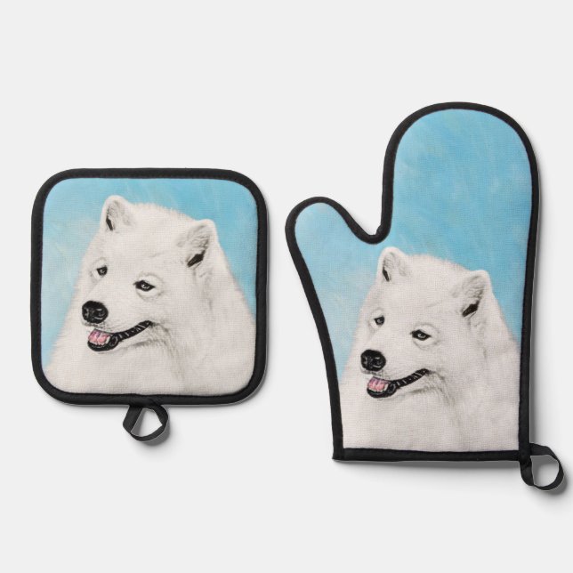 Samoyed Painting White Cute Original Pet Dog Art Oven Mitt & Pot Holder Set (Front)