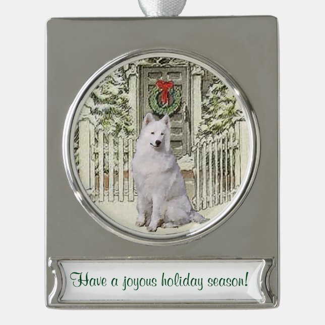 Samoyed Personalised Christmas Silver Plated Banner Ornament (Front)