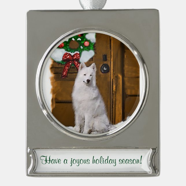 Samoyed Personalised Christmas Silver Plated Banner Ornament (Front)