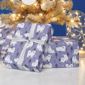 Samoyed Pet Dog With Snow On Pine Trees Background Wrapping Paper