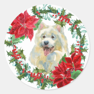 Samoyed Poinsettia Holly Holiday Wreath Classic Round Sticker
