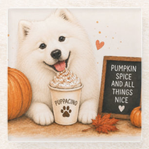 Samoyed Pumpkin Spice Puppaccino Glass Coaster