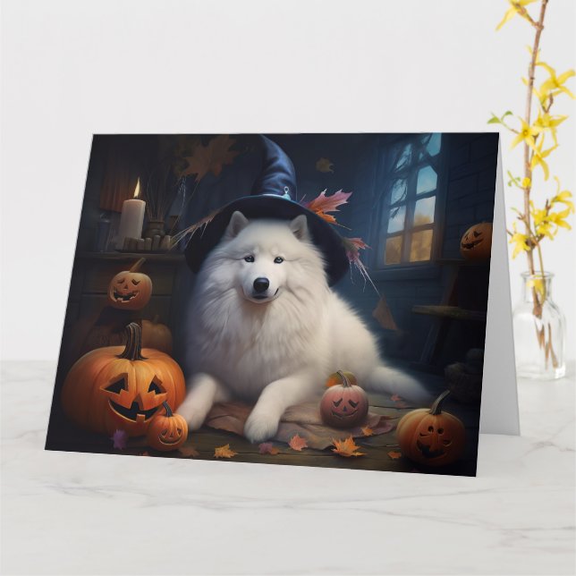 Samoyed Pumpkins Halloween Scary Card (Yellow Flower)