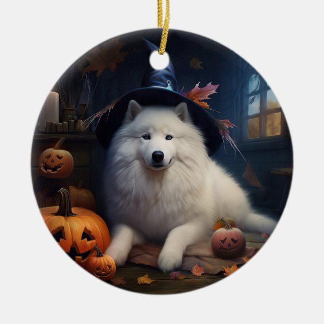 Samoyed Pumpkins Halloween Scary Ceramic Tree Decoration (Front)