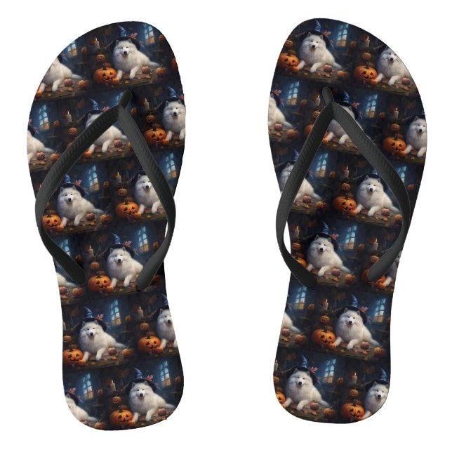 Samoyed Pumpkins Halloween Scary Flip Flops (Footbed)