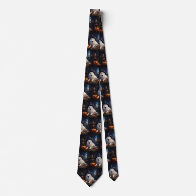 Samoyed Pumpkins Halloween Scary Tie (Front)
