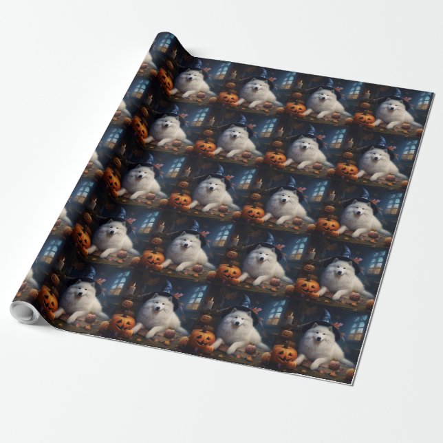 Samoyed Pumpkins Halloween Scary Wrapping Paper (Unrolled)