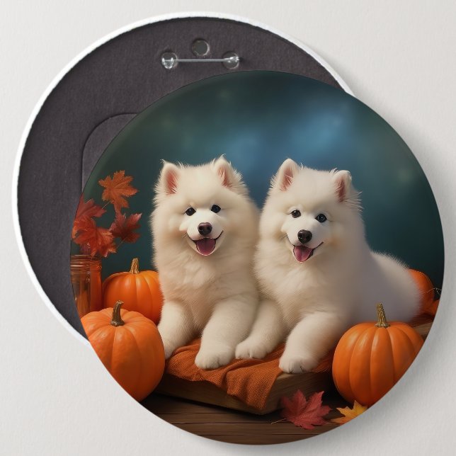 Samoyed Puppy Autumn Delight Pumpkin  6 Cm Round Badge (Front & Back)