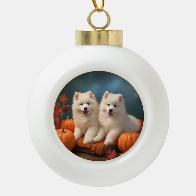 Samoyed Puppy Autumn Delight Pumpkin  Ceramic Ball Christmas Ornament (Front)