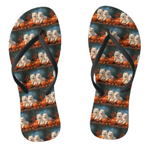 Samoyed Puppy Autumn Delight Pumpkin  Flip Flops