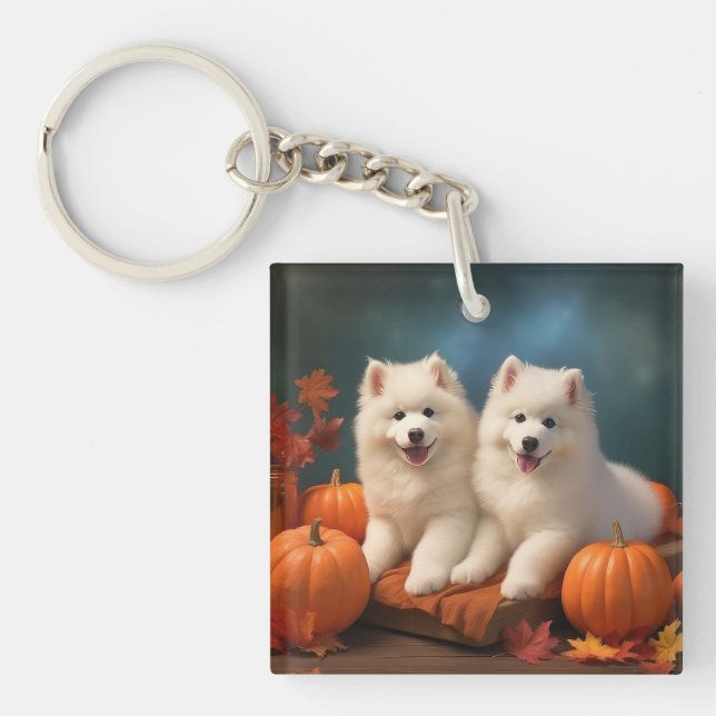 Samoyed Puppy Autumn Delight Pumpkin  Key Ring (Front)