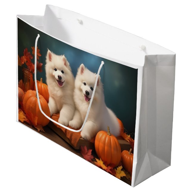 Samoyed Puppy Autumn Delight Pumpkin  Large Gift Bag (Front Angled)