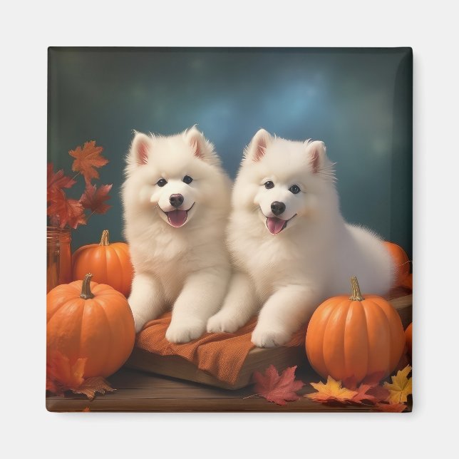 Samoyed Puppy Autumn Delight Pumpkin  Magnet (Front)