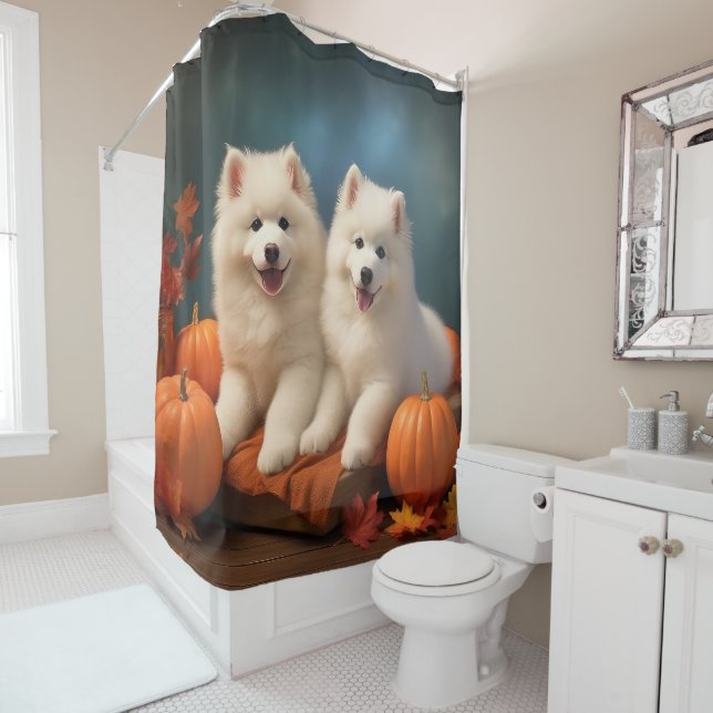 Samoyed Puppy Autumn Delight Pumpkin  Shower Curtain (In Situ)
