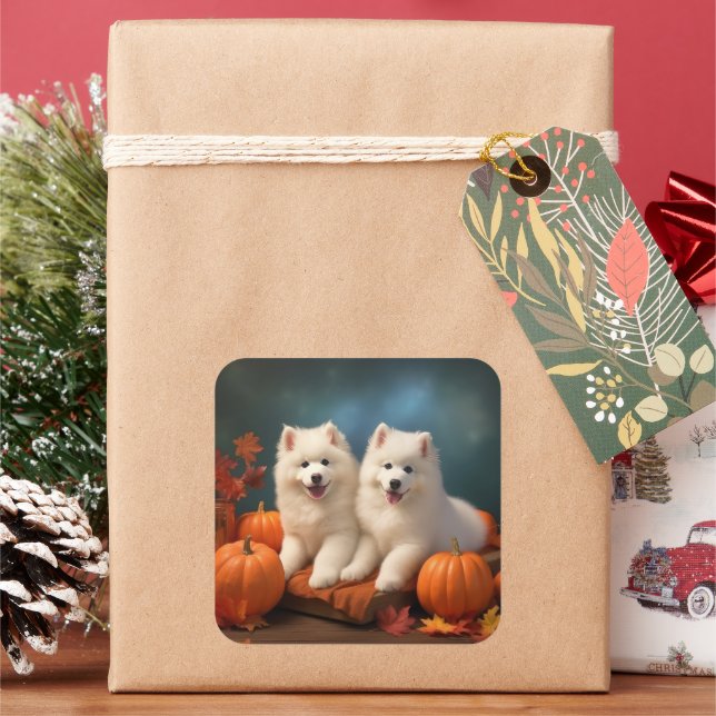 Samoyed Puppy Autumn Delight Pumpkin  Square Sticker (Holiday)