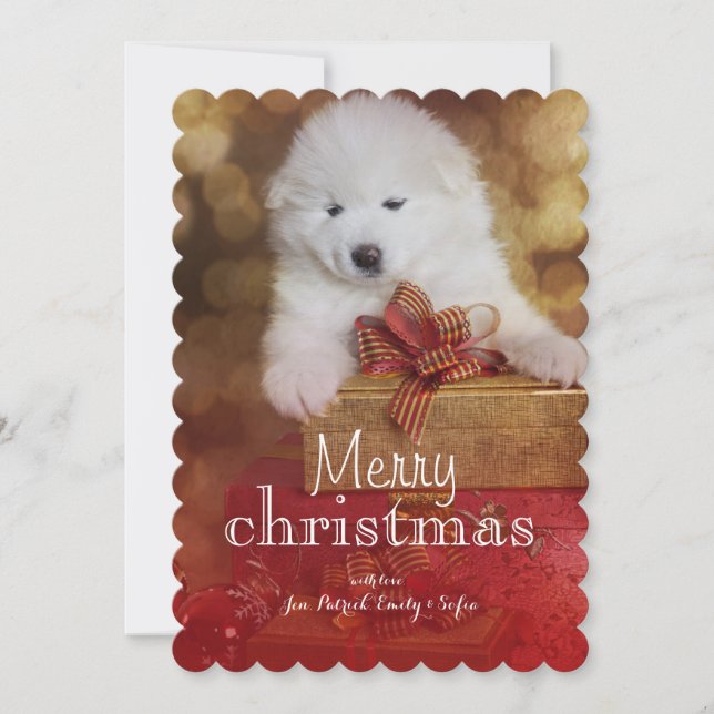 Samoyed Puppy Dog With Christmas Gifts Holiday Card (Front)
