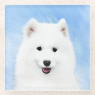 Samoyed Puppy Painting - Cute Original Dog Art Glass Coaster