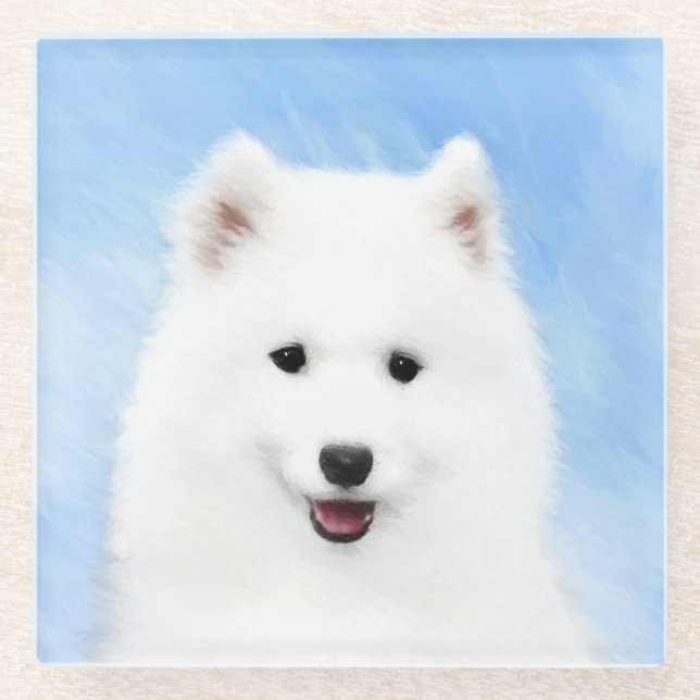 Samoyed Puppy Painting - Cute Original Dog Art Glass Coaster (Front)