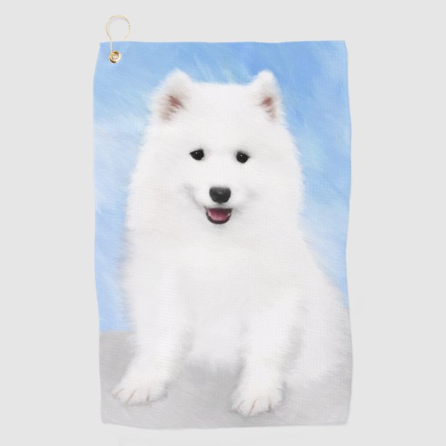 Samoyed Puppy Painting - Cute Original Dog Art Golf Towel (Front)